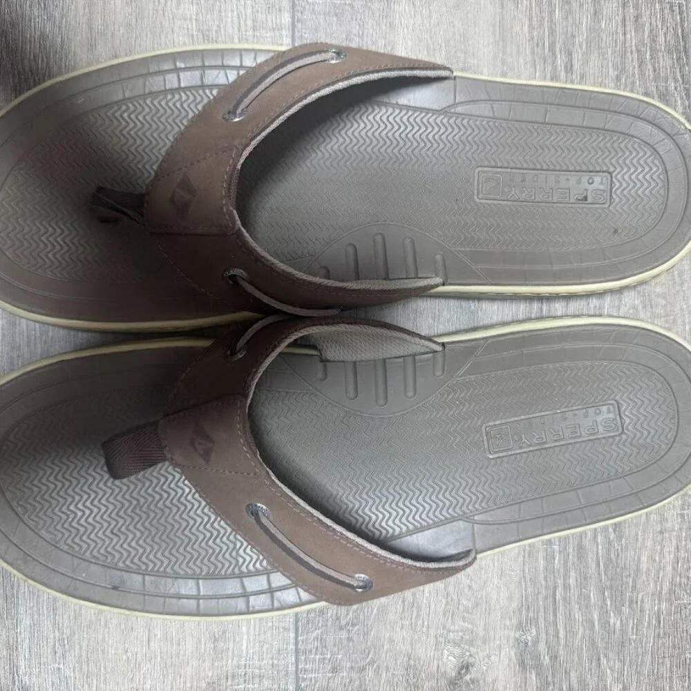 Sperry Baitfish Brown Leather Thong Sandals Men's Size 13